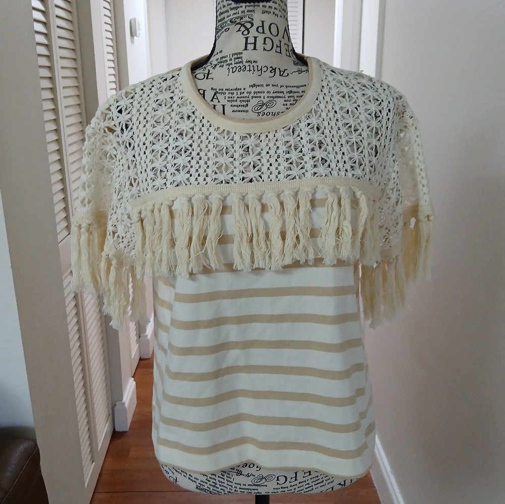 See by Chloe Striped Fringe Crochet Tassel Tee
